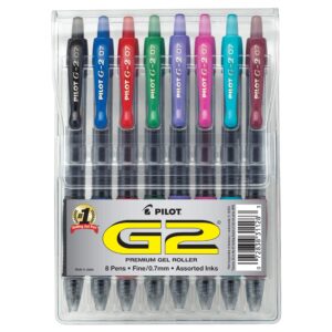 PILOT G2 Premium Refillable and Retractable Rolling Ball Gel Pens, Fine Point, Assorted Color Inks, 8-Pack Pouch (31128)