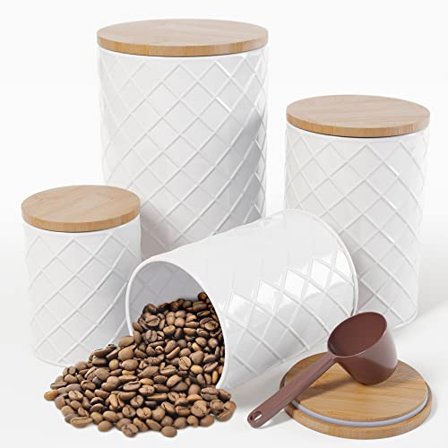 Pebble & Stem White Metal Canister Sets for Kitchen Counter, Kitchen Canisters Set of 4, Airtight Countertop Flour and Sugar Containers, Coffee and Tea Storage, Modern Farmhouse Kitchen Decor