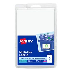 avery removable labels, 4″ x 6″ blank labels, laser/inkjet printable labels, 40 labels per pack (5454)