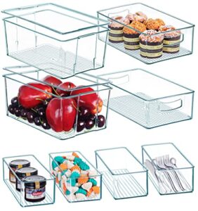 hudgan 8 pack multi-size clear storage bins set, stackable pantry organization and storage containers with 2 lids, perfect for the home edit and cabinet organizers