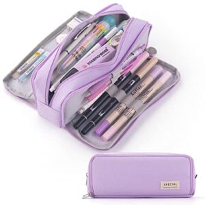 cicimelon large capacity pencil case 3 compartment pouch pen bag for school teen girl boy men women (purple)