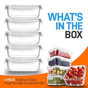 10-Piece Superior Glass Food Storage Containers Set (5 Containers + 5 Locking Lids) - Stackable Glass Meal-prep Design, BPA-free Airtight Clear Locking lids with Vent Lids & Air Hole, NutriChef NCCLX5