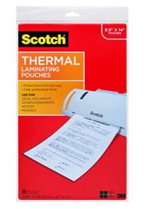 scotch brand thermal laminating pouches, 8.9 x 14.4-inches, legal size, 20-pack (tp3855-20)