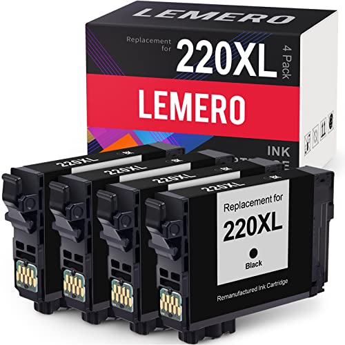 LEMERO Remanufactured Ink Cartridge Replacement for Epson 220 XL 220XL T220XL to use with Workforce WF-2630 WF-2650 WF-2660 WF-2760 WF-2750 Expression Home XP-320 XP-420 XP-424 (4 Black)