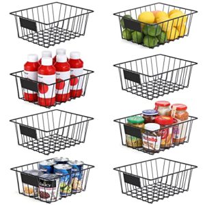 8 pack wire storage baskets for organizing with removable tags, pantry organization bins for kitchen cabinets, closet – metal basket for laundry, garage, refridge, bathroom countertop organizer, black