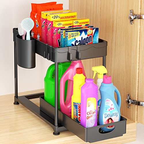 MERRYBOX Under Sink Organizers and Storage, Sliding Under Bathroom Cabinet Organizer, 2 Tier Kitchen Under Sink Organizer Pull Out Drawer with 4 Hooks, 1 Hanging Cup, 4 Non-Slip Feet, Black, 1 Pack