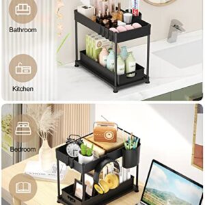 MERRYBOX Under Sink Organizers and Storage, Sliding Under Bathroom Cabinet Organizer, 2 Tier Kitchen Under Sink Organizer Pull Out Drawer with 4 Hooks, 1 Hanging Cup, 4 Non-Slip Feet, Black, 1 Pack