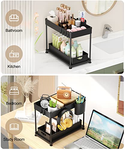 MERRYBOX Under Sink Organizers and Storage, Sliding Under Bathroom Cabinet Organizer, 2 Tier Kitchen Under Sink Organizer Pull Out Drawer with 4 Hooks, 1 Hanging Cup, 4 Non-Slip Feet, Black, 1 Pack