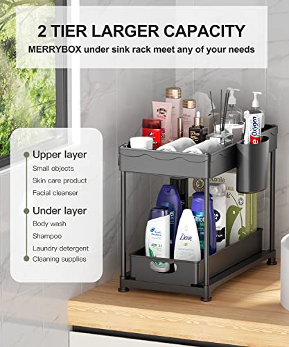 MERRYBOX Under Sink Organizers and Storage, Sliding Under Bathroom Cabinet Organizer, 2 Tier Kitchen Under Sink Organizer Pull Out Drawer with 4 Hooks, 1 Hanging Cup, 4 Non-Slip Feet, Black, 1 Pack