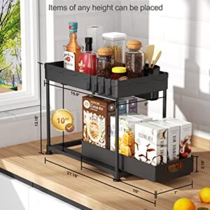 MERRYBOX Under Sink Organizers and Storage, Sliding Under Bathroom Cabinet Organizer, 2 Tier Kitchen Under Sink Organizer Pull Out Drawer with 4 Hooks, 1 Hanging Cup, 4 Non-Slip Feet, Black, 1 Pack