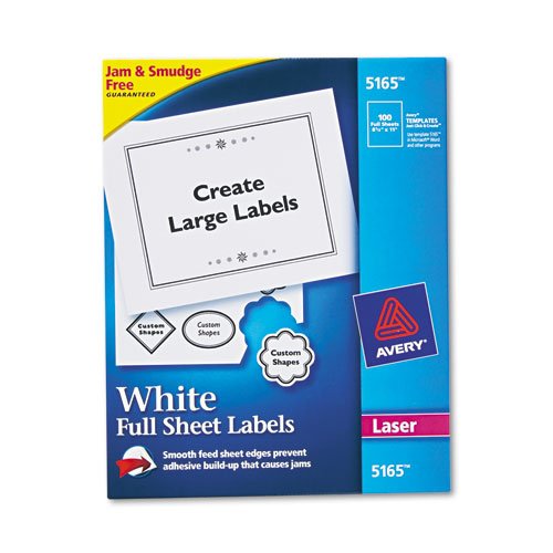 Avery Shipping Address Labels, Laser Printers, 100 Labels, Full Sheet Labels, Permanent Adhesive, TrueBlock (5165), White