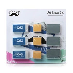 mr. pen eraser set with kneaded erasers, gum erasers and pencil erasers, pack of 9