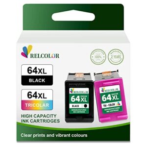 relcolor 64xl remanufactured ink cartridge replacement for hp 64 xl 64xl black color combo compatible with envy 7855 7155 7858 7800 6255 6252 7164 7955e 7900e tango x printer (black, tricolor, 2 pack)