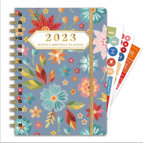 Ymumuda 2023 Planner, Weekly Monthly Planner 2023, 12-Month School Planner from JAN.2023 to DEC.2023, 8.4" X 6", Spiral Planner Notebook with Stickers, Elastic Closure, Inner Pocket, Coated Tabs, Grey Embroidery Floral