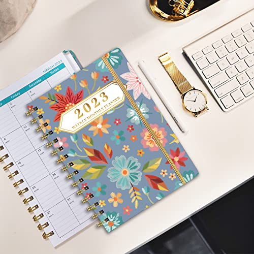 Ymumuda 2023 Planner, Weekly Monthly Planner 2023, 12-Month School Planner from JAN.2023 to DEC.2023, 8.4" X 6", Spiral Planner Notebook with Stickers, Elastic Closure, Inner Pocket, Coated Tabs, Grey Embroidery Floral