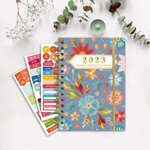 Ymumuda 2023 Planner, Weekly Monthly Planner 2023, 12-Month School Planner from JAN.2023 to DEC.2023, 8.4" X 6", Spiral Planner Notebook with Stickers, Elastic Closure, Inner Pocket, Coated Tabs, Grey Embroidery Floral