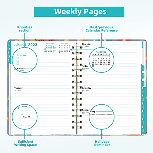 Ymumuda 2023 Planner, Weekly Monthly Planner 2023, 12-Month School Planner from JAN.2023 to DEC.2023, 8.4" X 6", Spiral Planner Notebook with Stickers, Elastic Closure, Inner Pocket, Coated Tabs, Grey Embroidery Floral