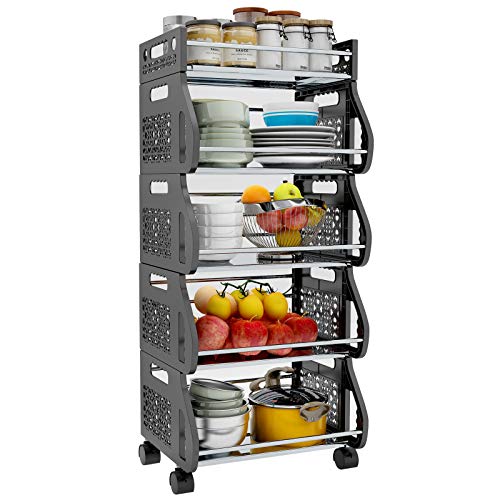 Baboies 5 Tier Fruit Vegetable Basket, Stackable Storage Cart with Wheels, Utility Rolling Stand Rack for Kitchen, Pantry, Garage, Produce, Onion, Potato