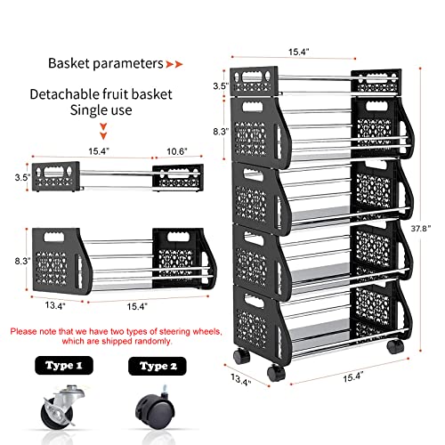 Baboies 5 Tier Fruit Vegetable Basket, Stackable Storage Cart with Wheels, Utility Rolling Stand Rack for Kitchen, Pantry, Garage, Produce, Onion, Potato