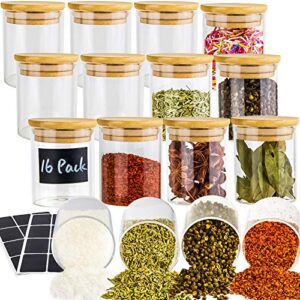 16 pack glass jars with lids, airtight bamboo lids spice jars set for spice, beans, candy, nuts, herbs, dry food canisters (extra chalkboard labels) – 6.5 oz clear