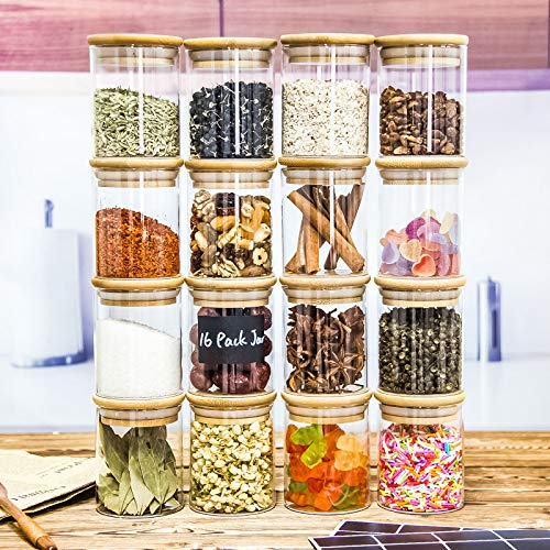 16 Pack Glass Jars with Lids, Airtight Bamboo Lids Spice Jars Set For Spice, Beans, Candy, Nuts, Herbs, Dry Food Canisters (Extra Chalkboard Labels) - 6.5 oz Clear