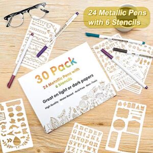 30 Pack Metallic Marker Pens, Lineon 24 Colors Fine Tip Paint Pens with 6 Stencils for DIY Craft Photo Album Rock Art Painting Card Making Glass Wood