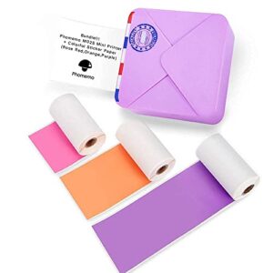 phomemo m02s mini printer- bluetooth thermal photo printer with 3 rolls colorful sticker paper, compatible with ios + android for plan journal, study notes, art creation, work, gift, purple