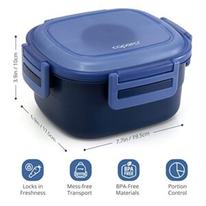 Caperci Superior Salad Container for Lunch To Go - Large 55-oz Salad Bowl Lunch Box Container with 4-Compartment Bento-Style Tray, 3-oz Sauce Container, Reusable Spork & BPA-Free (Navy Blue)