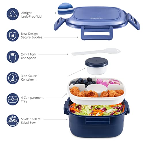 Caperci Superior Salad Container for Lunch To Go - Large 55-oz Salad Bowl Lunch Box Container with 4-Compartment Bento-Style Tray, 3-oz Sauce Container, Reusable Spork & BPA-Free (Navy Blue)