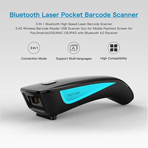 NETUM Bluetooth Barcode Scanner, Wireless 1D Laser USB Bar Code Reader Compatible with Smart Phone, Tablet, PC for Store, Supermarket, Warehouse - C830