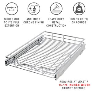 Hold N’ Storage Pull Out Cabinet Drawer Organizer, Heavy Duty-with 5 Year Limited Warranty- Slide Out Shelves, -14”W x 21”D - Requires At Least a 15-1/4” Cabinet Opening, Steel Metal, Chrome Finish