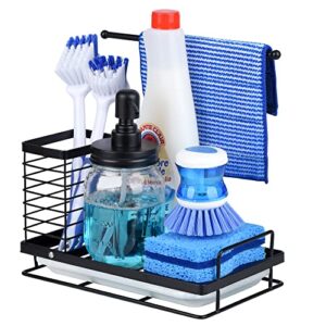 wetheny kitchen sponge holder-kitchen sink caddy organizer with drain pan 304 stainless steel for sponges, cleaning cloth, scrub brush, dish soap and hand sanitizer ( black )