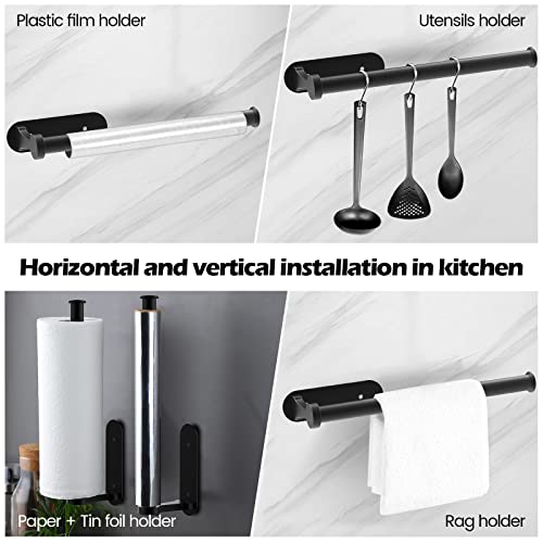 Paper Towel Holder Under Cabinet and Counter, Tclouda Aluminum Alloy Wall Mountd Paper Towel Rack, Available in Adhesive and Screws, Single Black