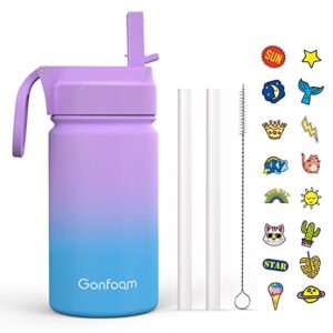 kids water bottle, 12oz water bottles kids with straw and stickers, stainless steel vacuum double wall insulated cup, kids water bottle for school, gifts for girls(purple and blue)