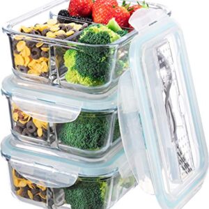 S SALIENT Glass Meal Prep Containers 3 Compartment - Bento Box Glass Lunch Containers - Meal Prep Glass Container-Food Storage Containers with Lids-Portion Control Food Containers Glass(3-Pack,36 OZ)