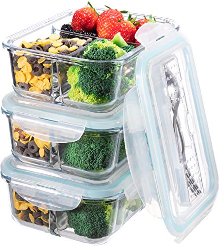 S SALIENT Glass Meal Prep Containers 3 Compartment - Bento Box Glass Lunch Containers - Meal Prep Glass Container-Food Storage Containers with Lids-Portion Control Food Containers Glass(3-Pack,36 OZ)