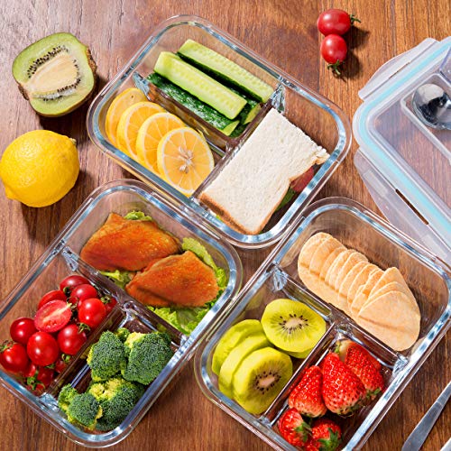 S SALIENT Glass Meal Prep Containers 3 Compartment - Bento Box Glass Lunch Containers - Meal Prep Glass Container-Food Storage Containers with Lids-Portion Control Food Containers Glass(3-Pack,36 OZ)