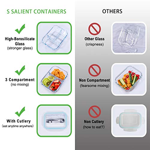 S SALIENT Glass Meal Prep Containers 3 Compartment - Bento Box Glass Lunch Containers - Meal Prep Glass Container-Food Storage Containers with Lids-Portion Control Food Containers Glass(3-Pack,36 OZ)