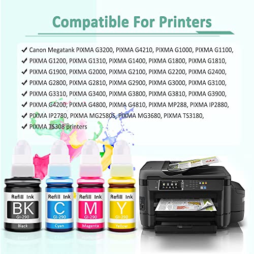 Topcolor Compatible Dye Ink Refill Replacement for Canon GI-290 GI290 Ink Bottles Kit Work for Canon PIXMA G4200 G4210 G3200 G2200 G1200 Printer (1 Black Ink 135mL, C/M/Y Ink 70mL, 4-Pack)