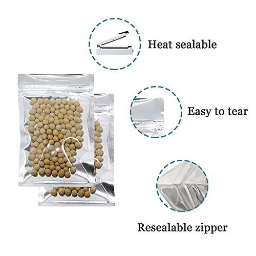 100 Pack Clear Front Reclosable Airtight Mylar Bags 8.5x14cm (3.3x5.5inch) for Zip Heat Seal Aluminum Foil Packaging Lock Plastic Bag Valve Zipper Lock Bulk Food Storage Candy Foil Pouch