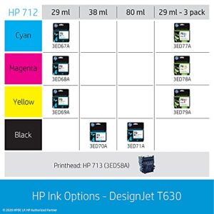 HP DesignJet T630 Large Format Wireless Plotter Printer - 24", with Auto Sheet Feeder, Media Bin & Stand (5HB09A) Black