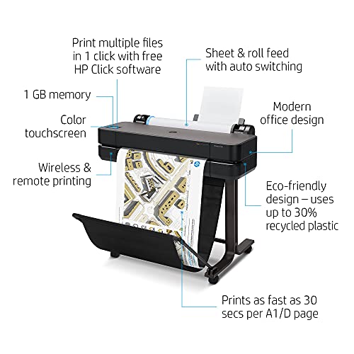 HP DesignJet T630 Large Format Wireless Plotter Printer - 24", with Auto Sheet Feeder, Media Bin & Stand (5HB09A) Black