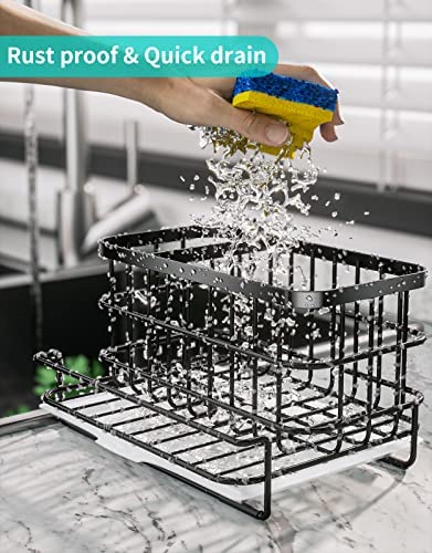 HapiRm Kitchen Sink Organizer with Drain Tray, Waterproof and Rustproof Stainless Steel Dish Brush Holder, Sponge Holder for Kitchen Sink - Black