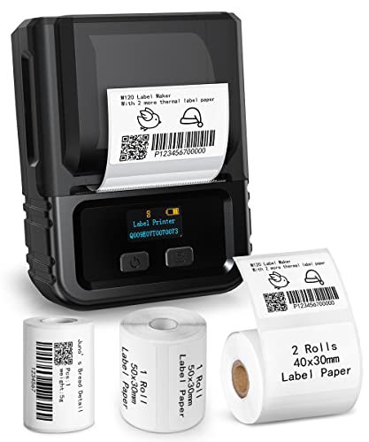 Petural M120 Label Maker-Barcode Label Printer, 3 Rolls Labels Set Bluetooth Label Maker, Thermal Portable Mini Label Maker Machine for Barcode,Qr Code,Small Business,Home Labeling,Address etc,Black