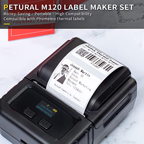 Petural M120 Label Maker-Barcode Label Printer, 3 Rolls Labels Set Bluetooth Label Maker, Thermal Portable Mini Label Maker Machine for Barcode,Qr Code,Small Business,Home Labeling,Address etc,Black