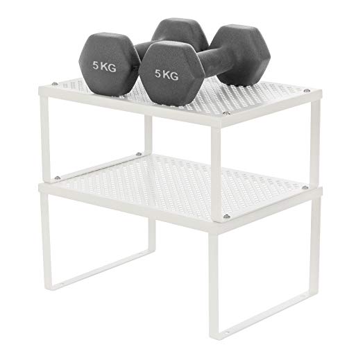 SONGMICS Cabinet Shelf Organizers, Stackable, Expandable, Set of 2 Metal Kitchen Counter Shelves, White UKCS01WT