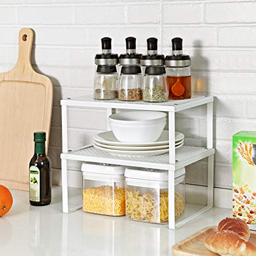 SONGMICS Cabinet Shelf Organizers, Stackable, Expandable, Set of 2 Metal Kitchen Counter Shelves, White UKCS01WT