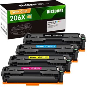 victoner 206x 206a toner cartridges 4 pack high yield (with chip) compatible replacement for hp 206x 206a w2110x w2110a work for hp color mfp m283fdw m283cdw m283 pro m255dw printer set ink (b/c/y/m)