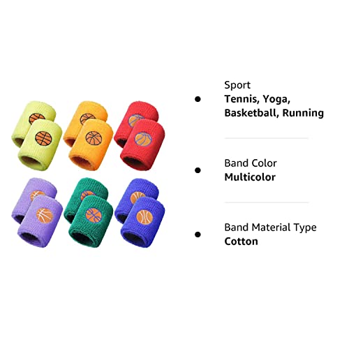 24 Pieces Sports Wristbands for Kids, Colorful Wrist Sweatbands Cotton Terry Cloth Wristbands with 6 Basketball Design for School Students Teacher Sports Party Birthday Party Favors, 6 Colors