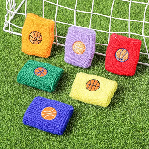 24 Pieces Sports Wristbands for Kids, Colorful Wrist Sweatbands Cotton Terry Cloth Wristbands with 6 Basketball Design for School Students Teacher Sports Party Birthday Party Favors, 6 Colors